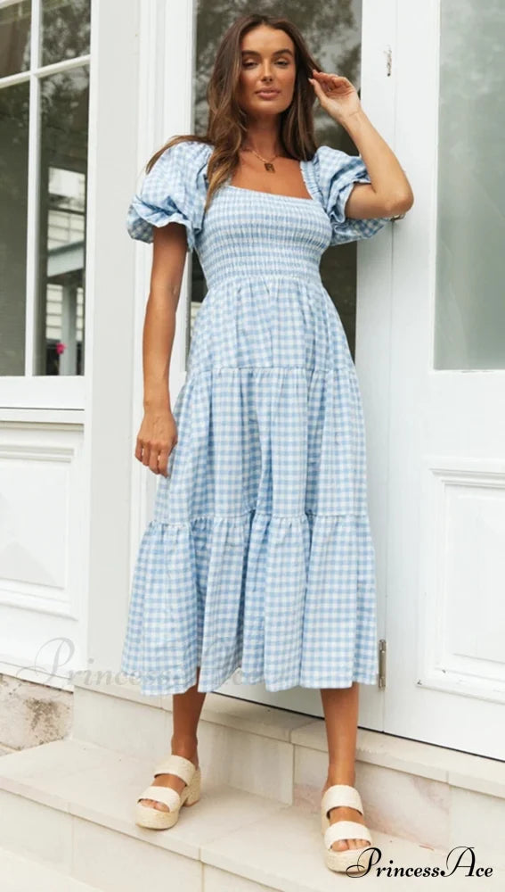 Plaid Puff Stylish Sleeve Midi Dress image 7