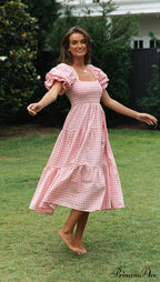 Plaid Puff Stylish Sleeve Midi Dress image 19