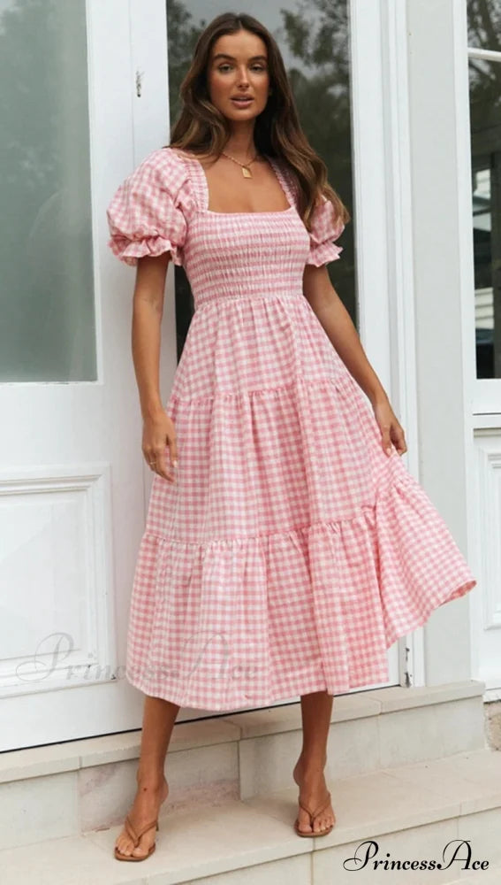 Plaid Puff Stylish Sleeve Midi Dress image 15