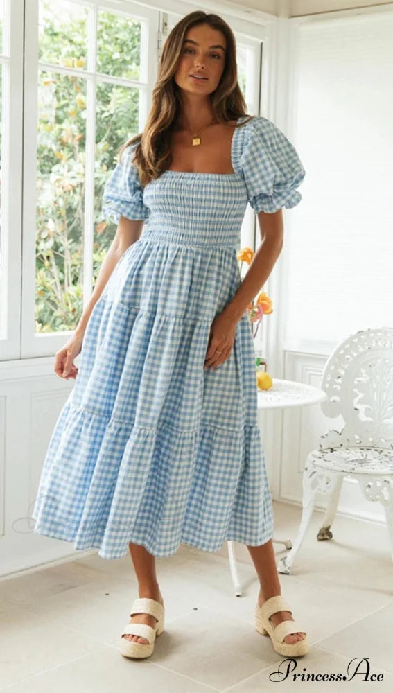 Plaid Puff Stylish Sleeve Midi Dress image 8