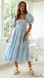 Plaid Puff Stylish Sleeve Midi Dress image 8