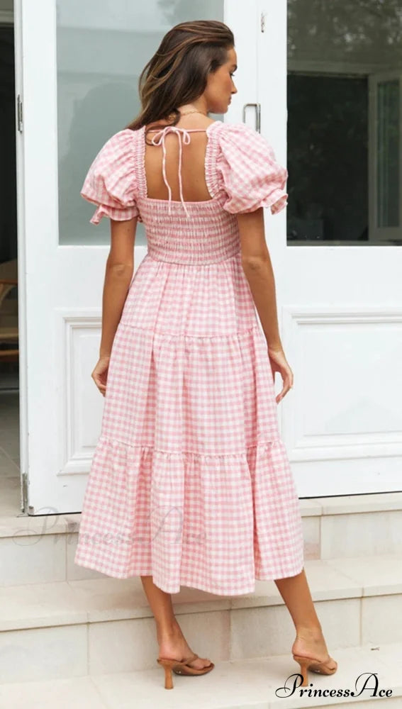 Plaid Puff Stylish Sleeve Midi Dress image 18