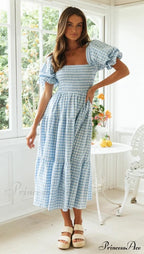 Plaid Puff Stylish Sleeve Midi Dress image 9