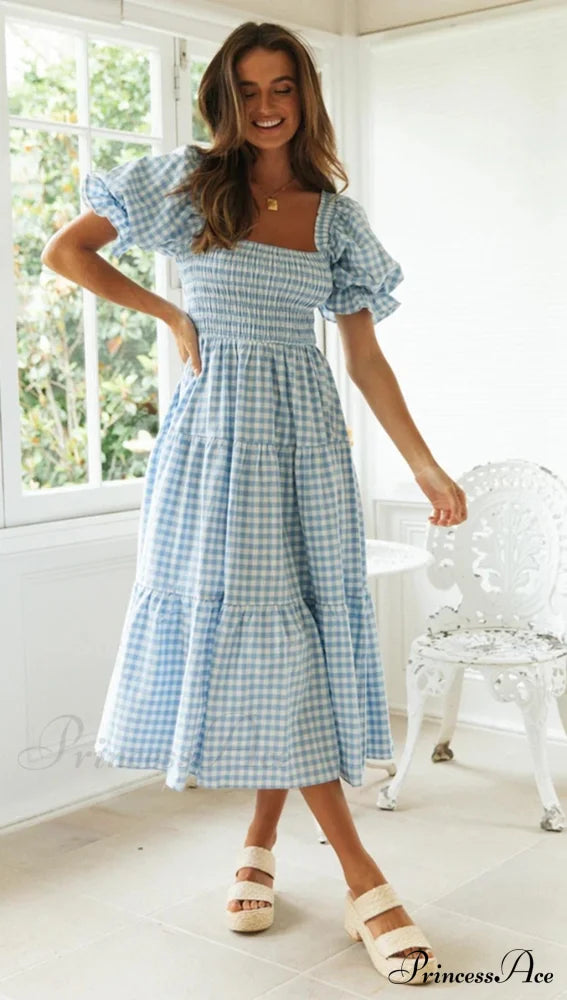 Plaid Puff Stylish Sleeve Midi Dress image 11