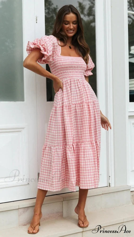 Plaid Puff Stylish Sleeve Midi Dress image 16