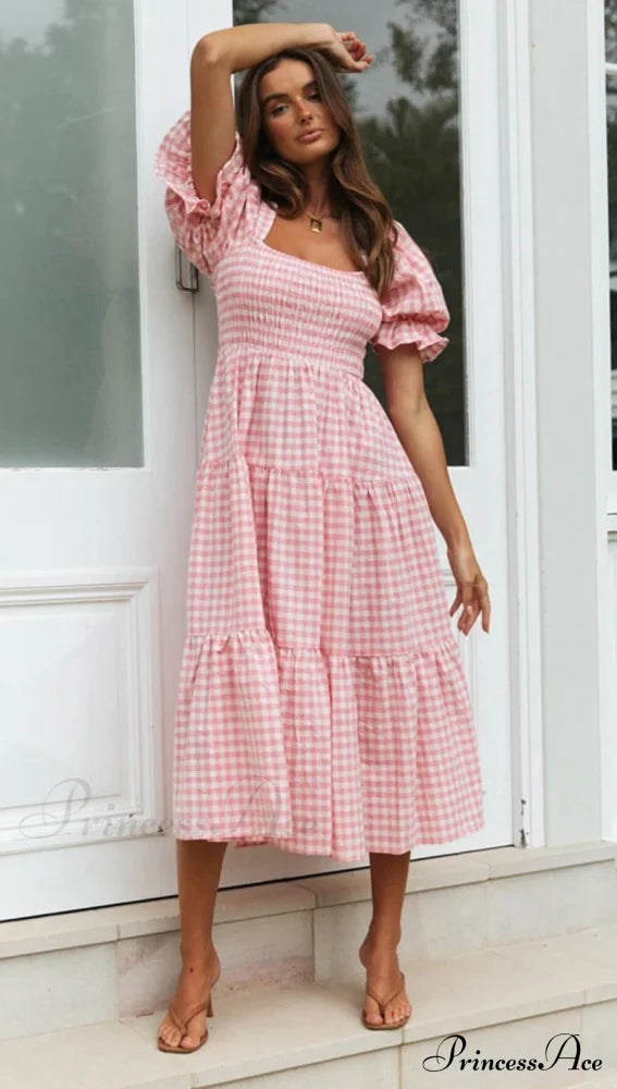 Plaid Puff Stylish Sleeve Midi Dress image 6