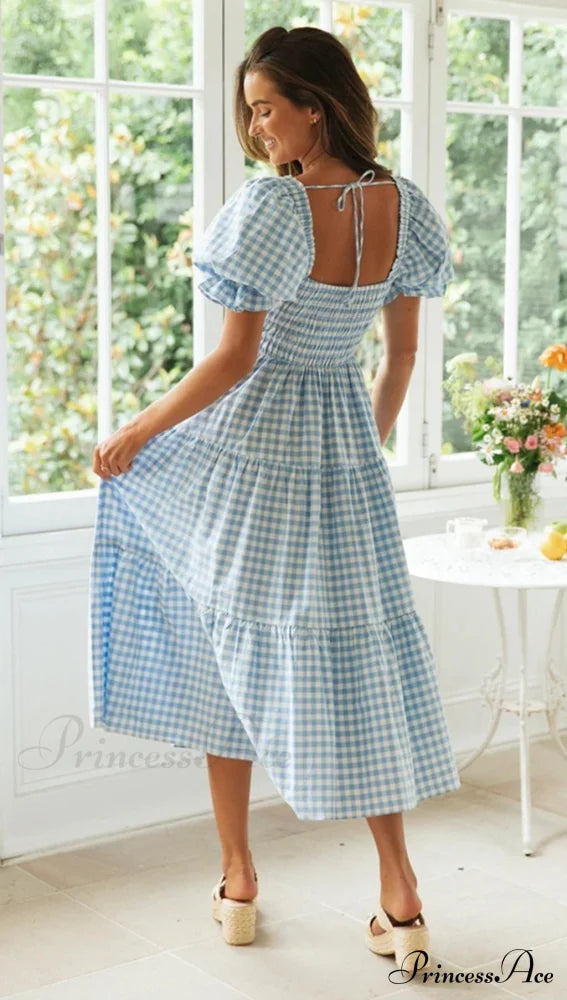 Plaid Puff Stylish Sleeve Midi Dress image 12