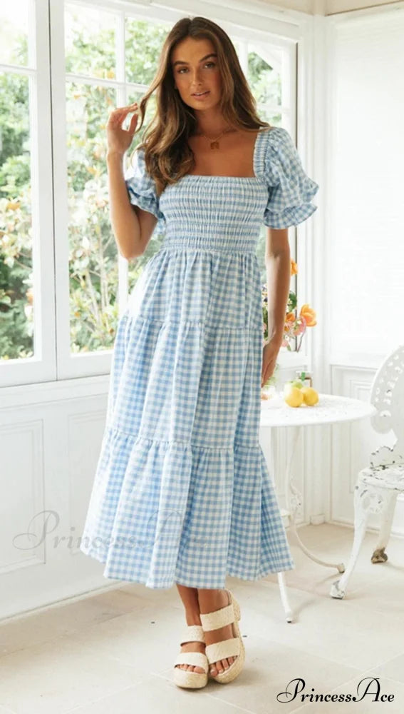 Plaid Puff Stylish Sleeve Midi Dress image 10