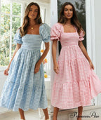 Plaid Puff Stylish Sleeve Midi Dress image 1