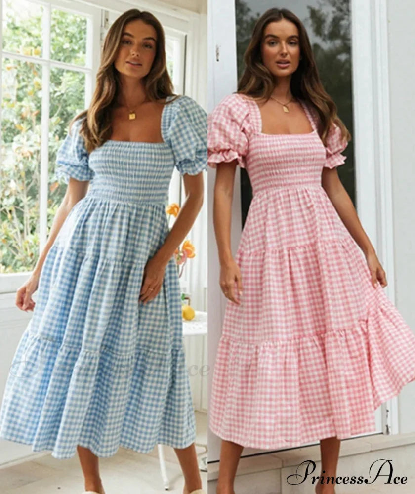 Plaid Puff Stylish Sleeve Midi Dress image 1
