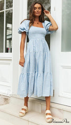 Plaid Puff Stylish Sleeve Midi Dress image 14