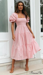 Plaid Puff Stylish Sleeve Midi Dress image 3