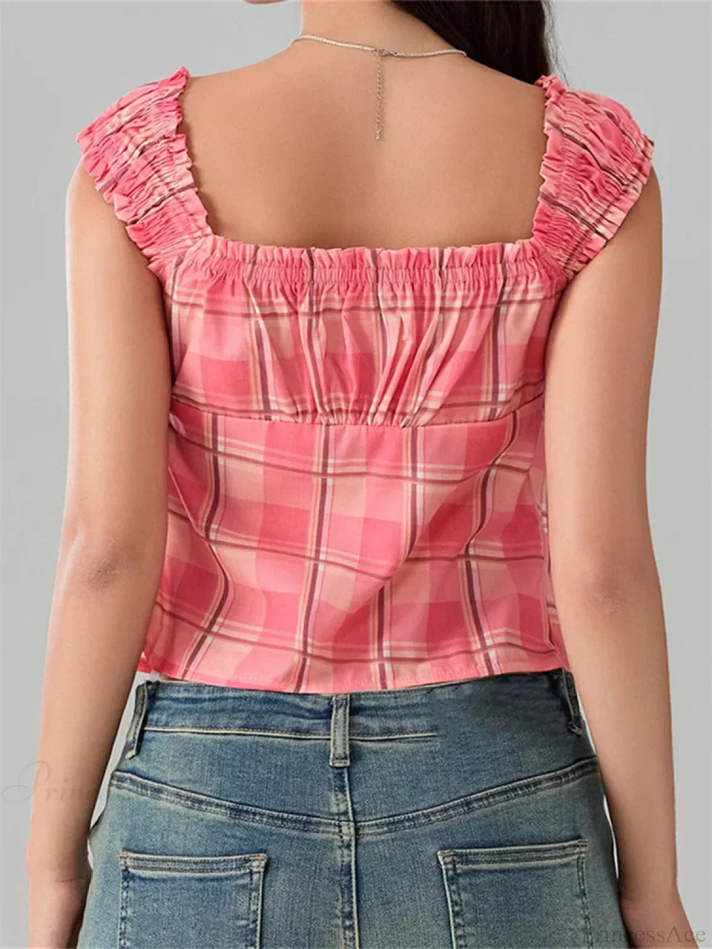 Plaid Round Neck Front Split Sleeveless Crop Top image 6