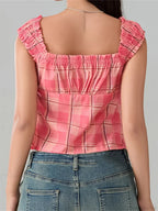 Plaid Round Neck Front Split Sleeveless Crop Top image 6