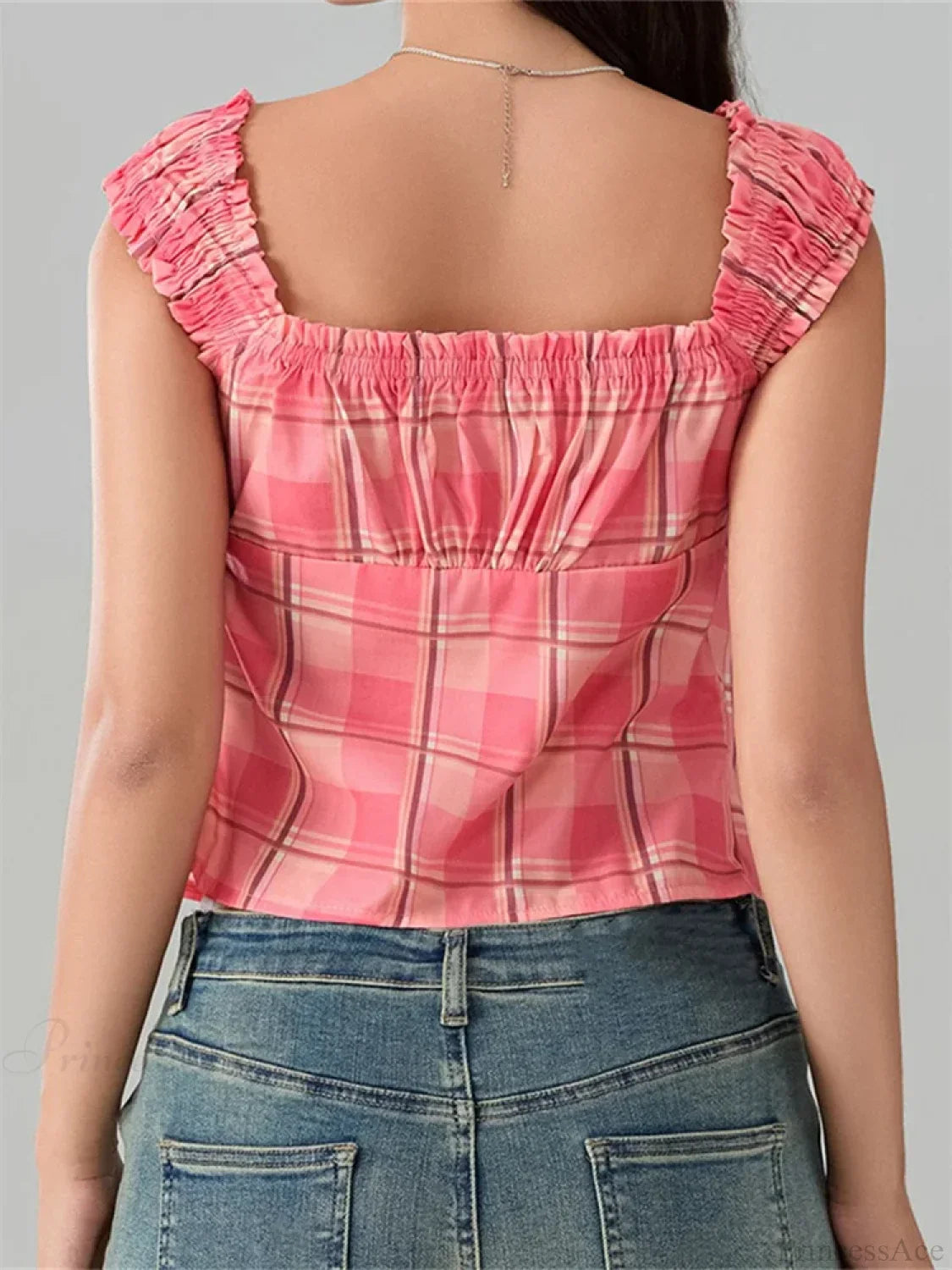 Plaid Round Neck Front Split Sleeveless Crop Top image 6