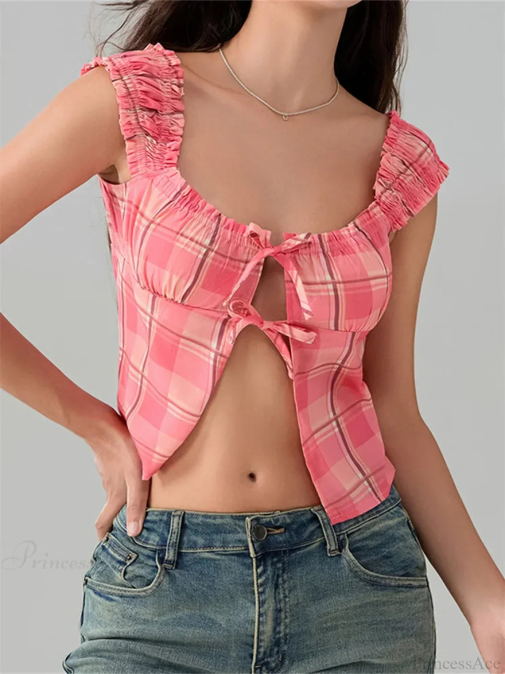 Plaid Round Neck Front Split Sleeveless Crop Top image 5