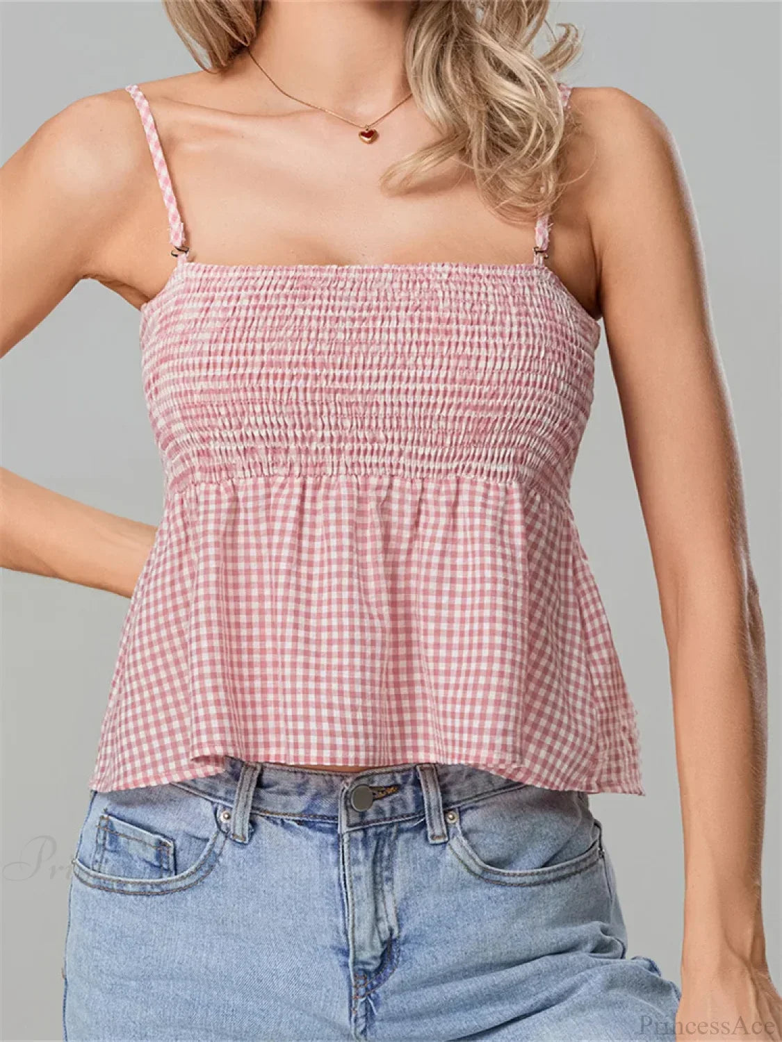 Plaid Ruffle Hem Square Neck Spaghetti Crop Top image 1