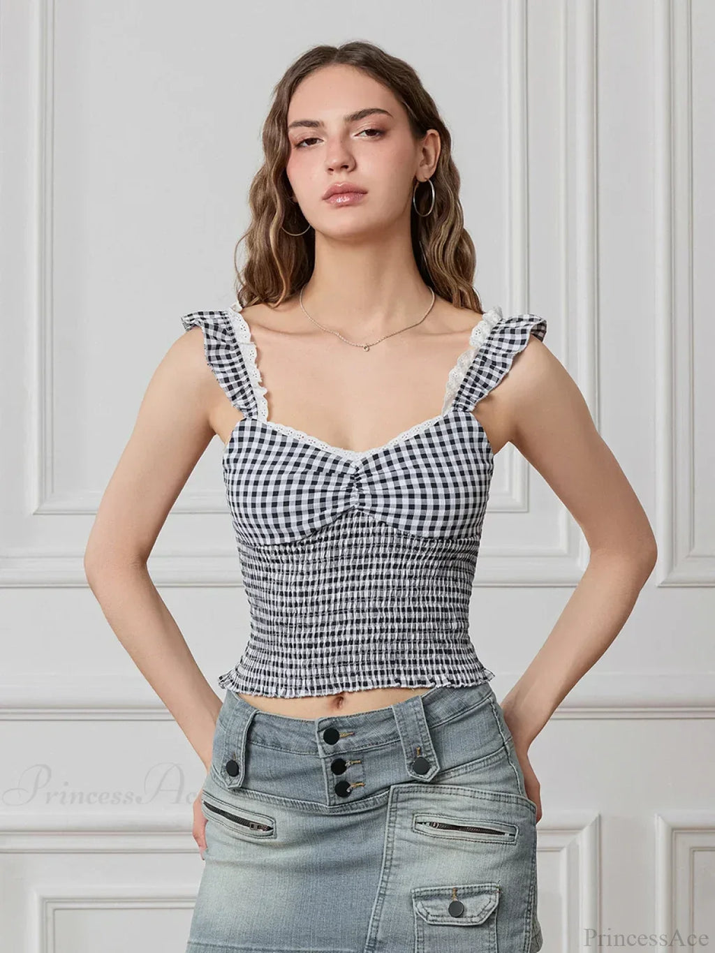 Plaid Ruffle Strap Sweetheart Lace Trim Cropped Tank Top image 7
