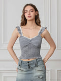 Plaid Ruffle Strap Sweetheart Lace Trim Cropped Tank Top image 7