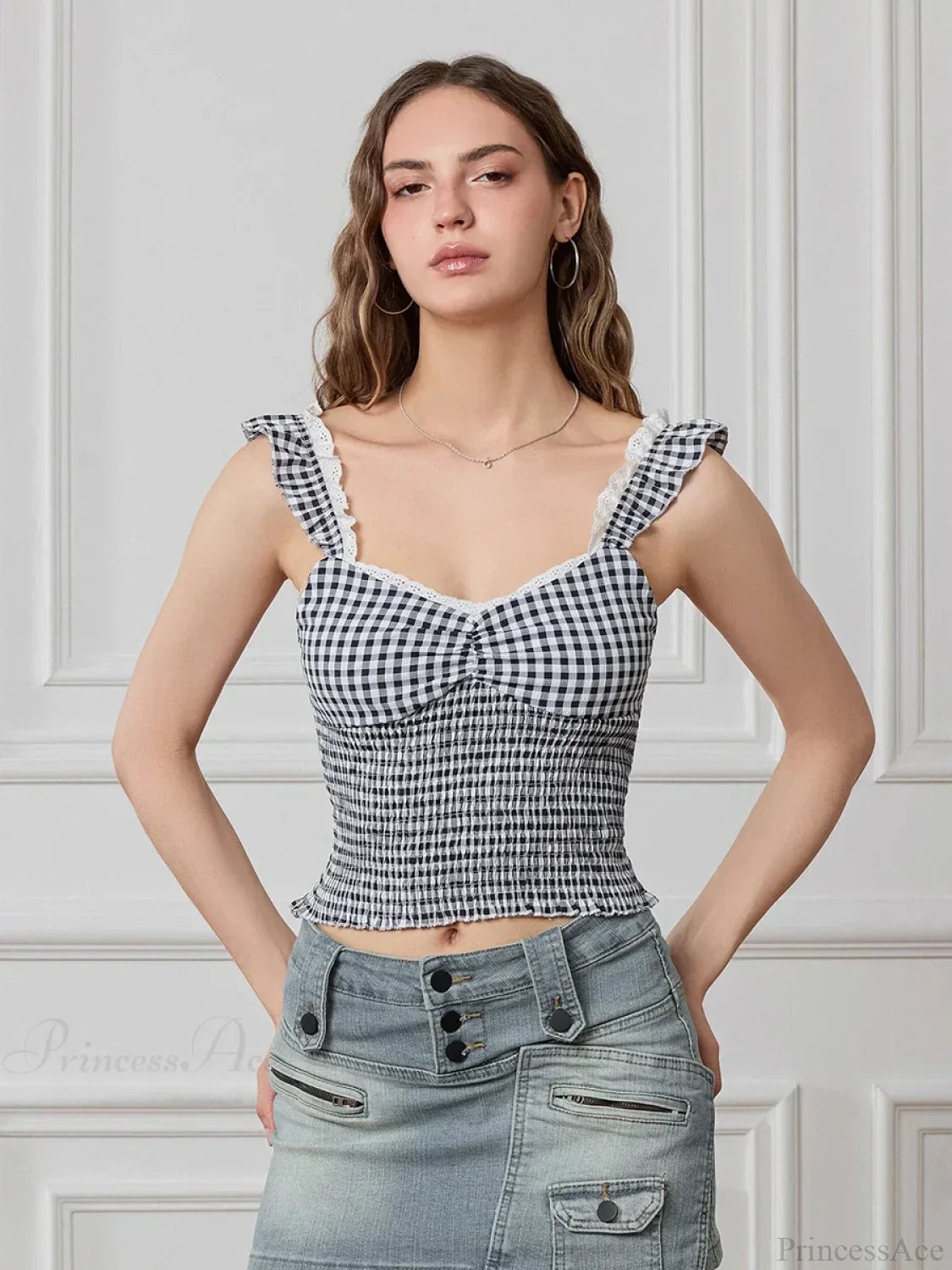 Plaid Ruffle Strap Sweetheart Lace Trim Cropped Tank Top image 7