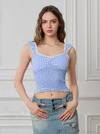 Plaid Ruffle Strap Sweetheart Lace Trim Cropped Tank Top image 6