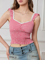 Plaid Ruffle Strap Sweetheart Lace Trim Cropped Tank Top image 2