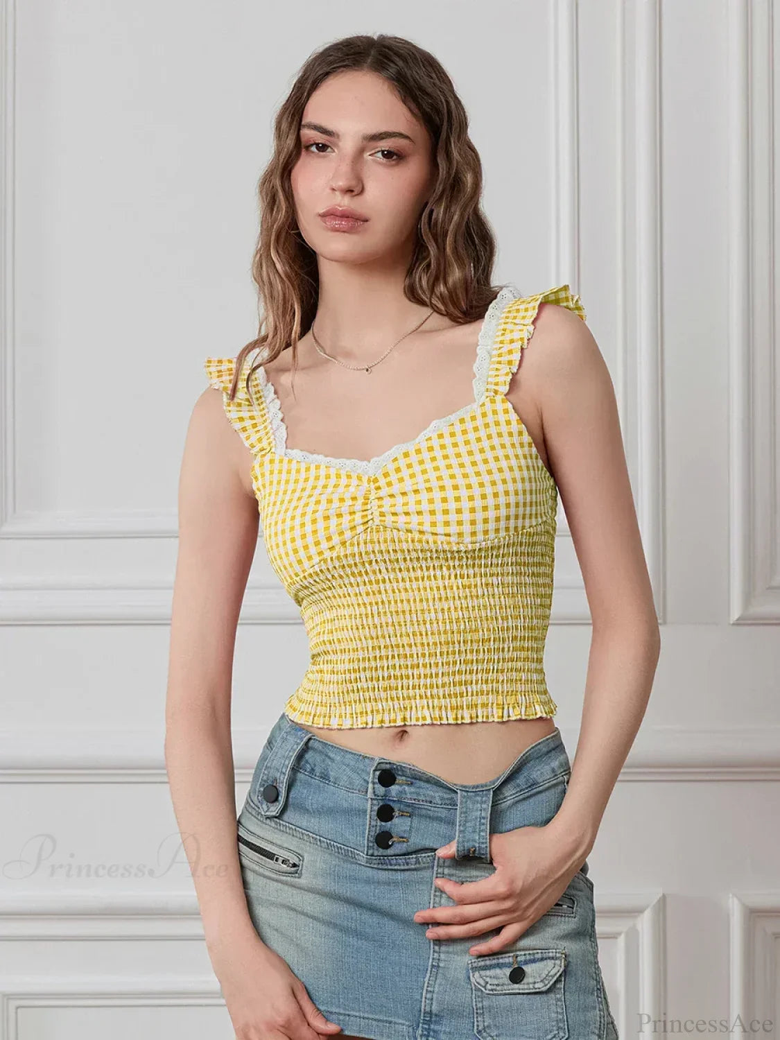 Plaid Ruffle Strap Sweetheart Lace Trim Cropped Tank Top image 5