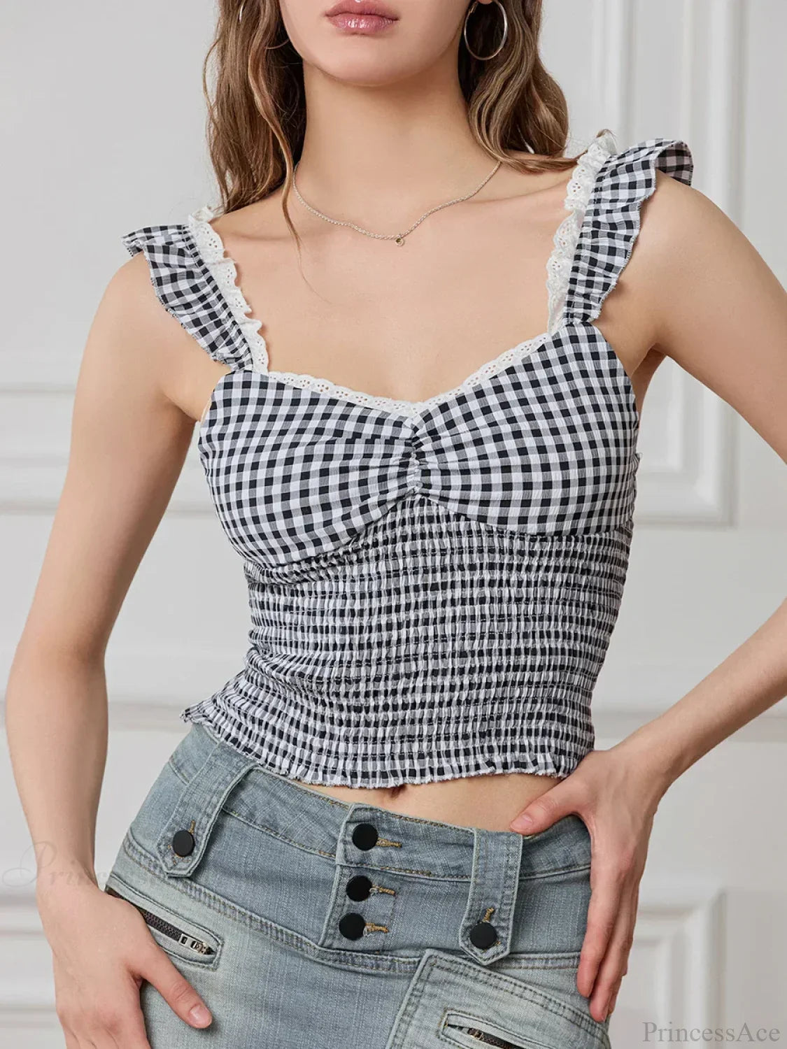 Plaid Ruffle Strap Sweetheart Lace Trim Cropped Tank Top image 1
