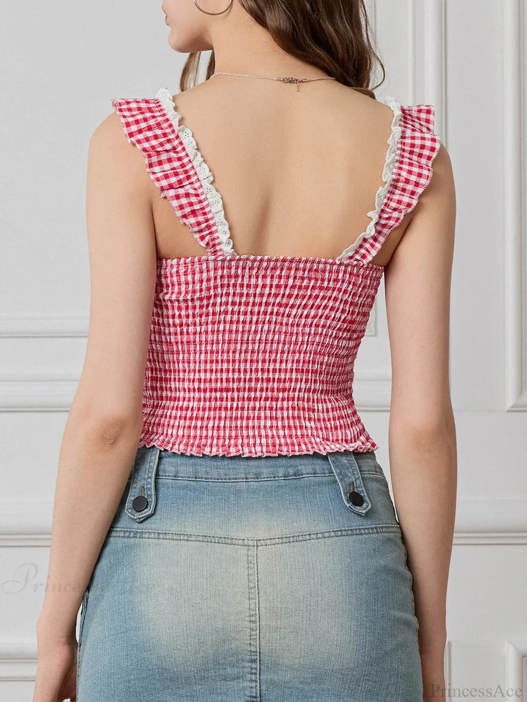 Plaid Ruffle Strap Sweetheart Lace Trim Cropped Tank Top image 4