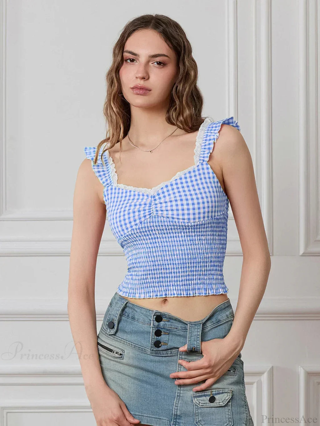 Plaid Ruffle Strap Sweetheart Lace Trim Cropped Tank Top image 8