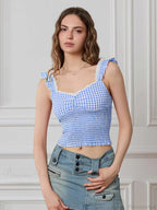 Plaid Ruffle Strap Sweetheart Lace Trim Cropped Tank Top image 8