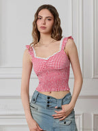 Plaid Ruffle Strap Sweetheart Lace Trim Cropped Tank Top image 9