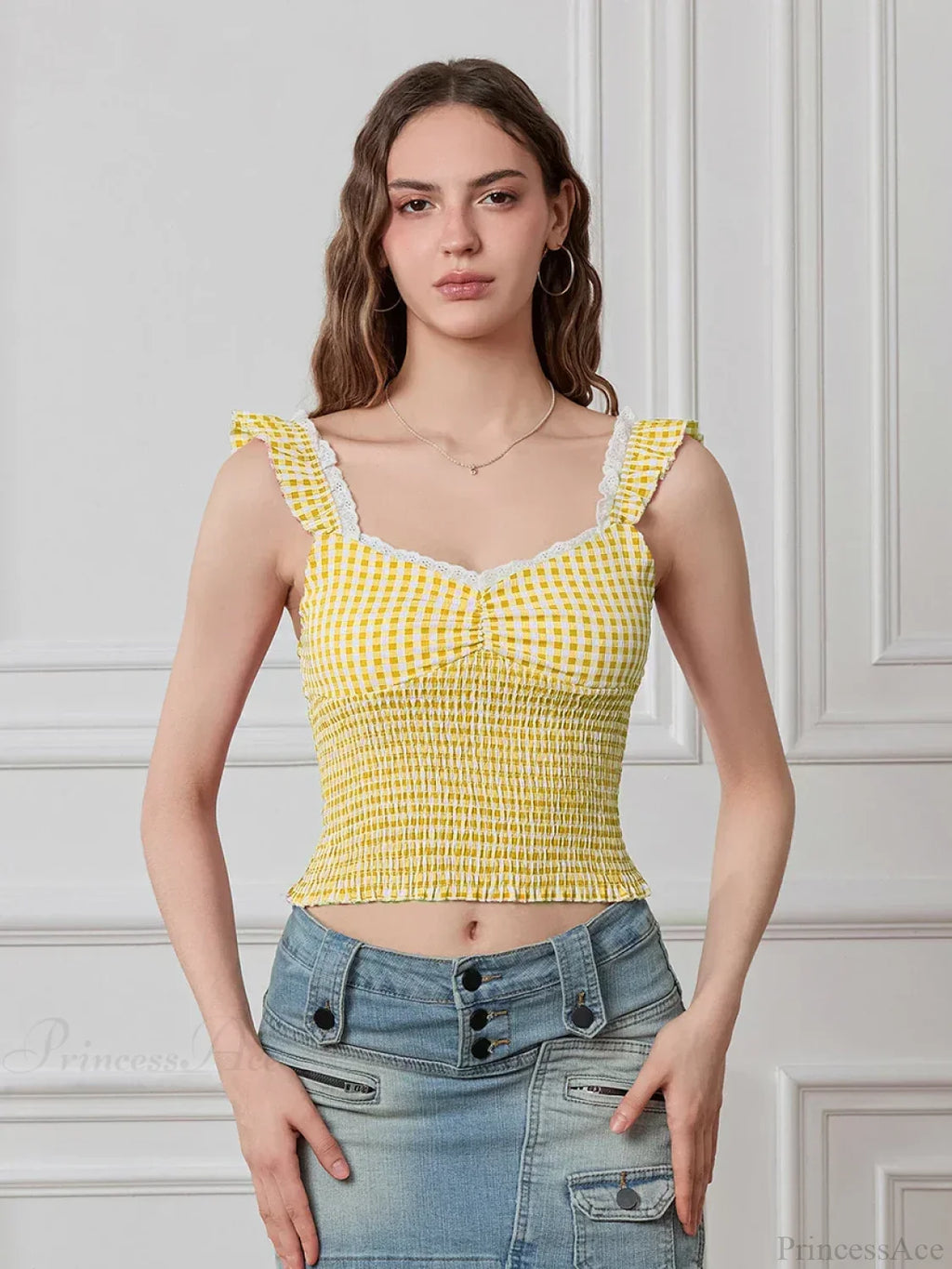 Plaid Ruffle Strap Sweetheart Lace Trim Cropped Tank Top image 10