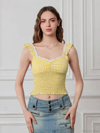 Plaid Ruffle Strap Sweetheart Lace Trim Cropped Tank Top image 10