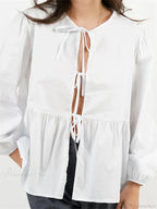 Plaid Stripe Front Tie-up Long Sleeve Blouse image 6