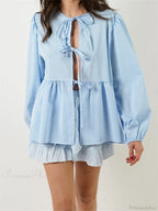Plaid Stripe Front Tie-up Long Sleeve Blouse image 1