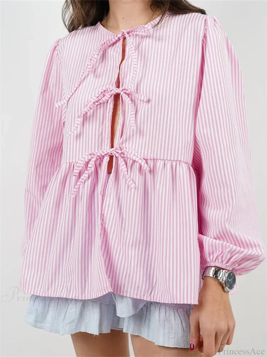 Plaid Stripe Front Tie-up Long Sleeve Blouse image 4