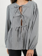 Plaid Stripe Front Tie-up Long Sleeve Blouse image 3