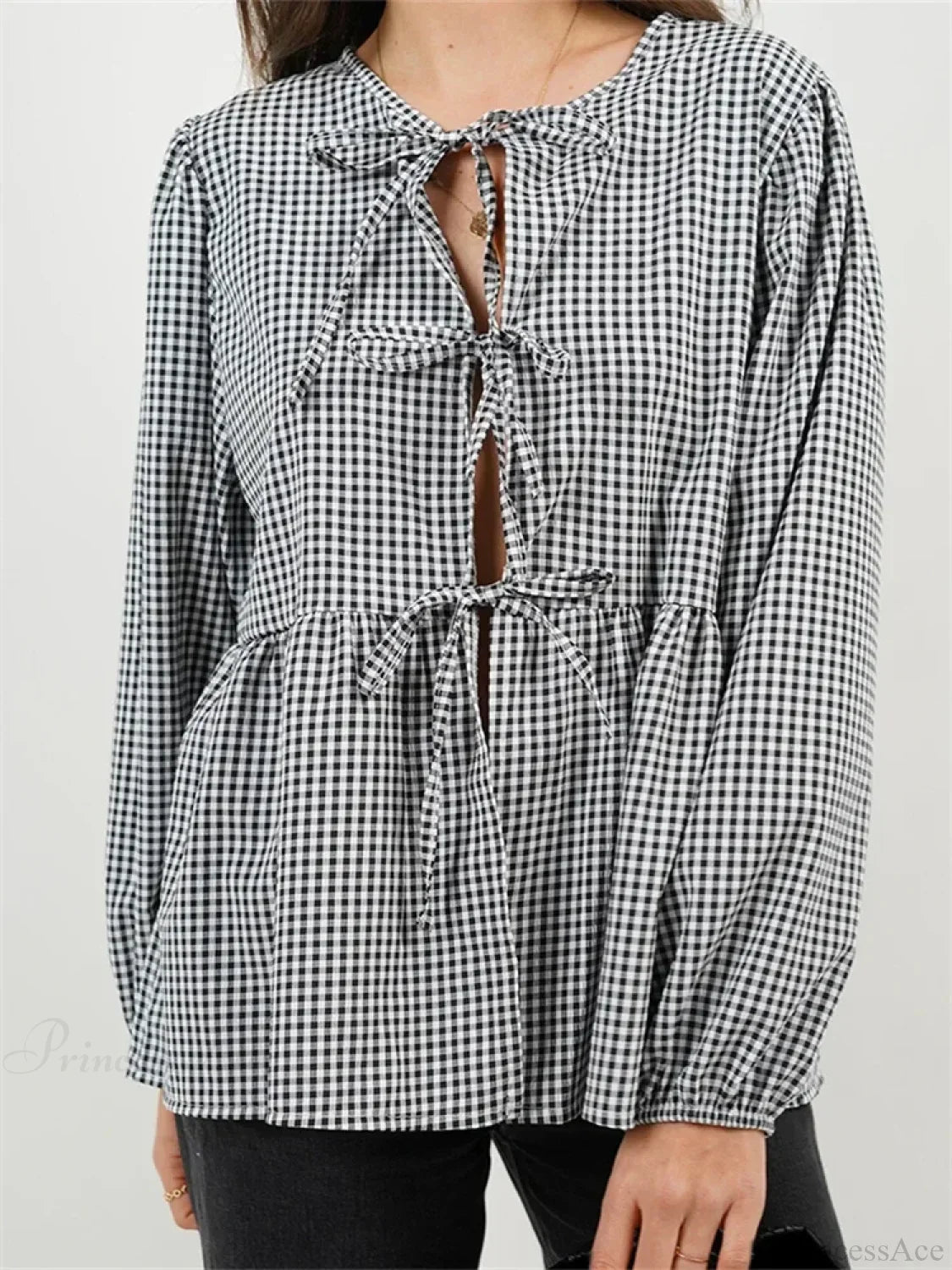Plaid Stripe Front Tie-up Long Sleeve Blouse image 3