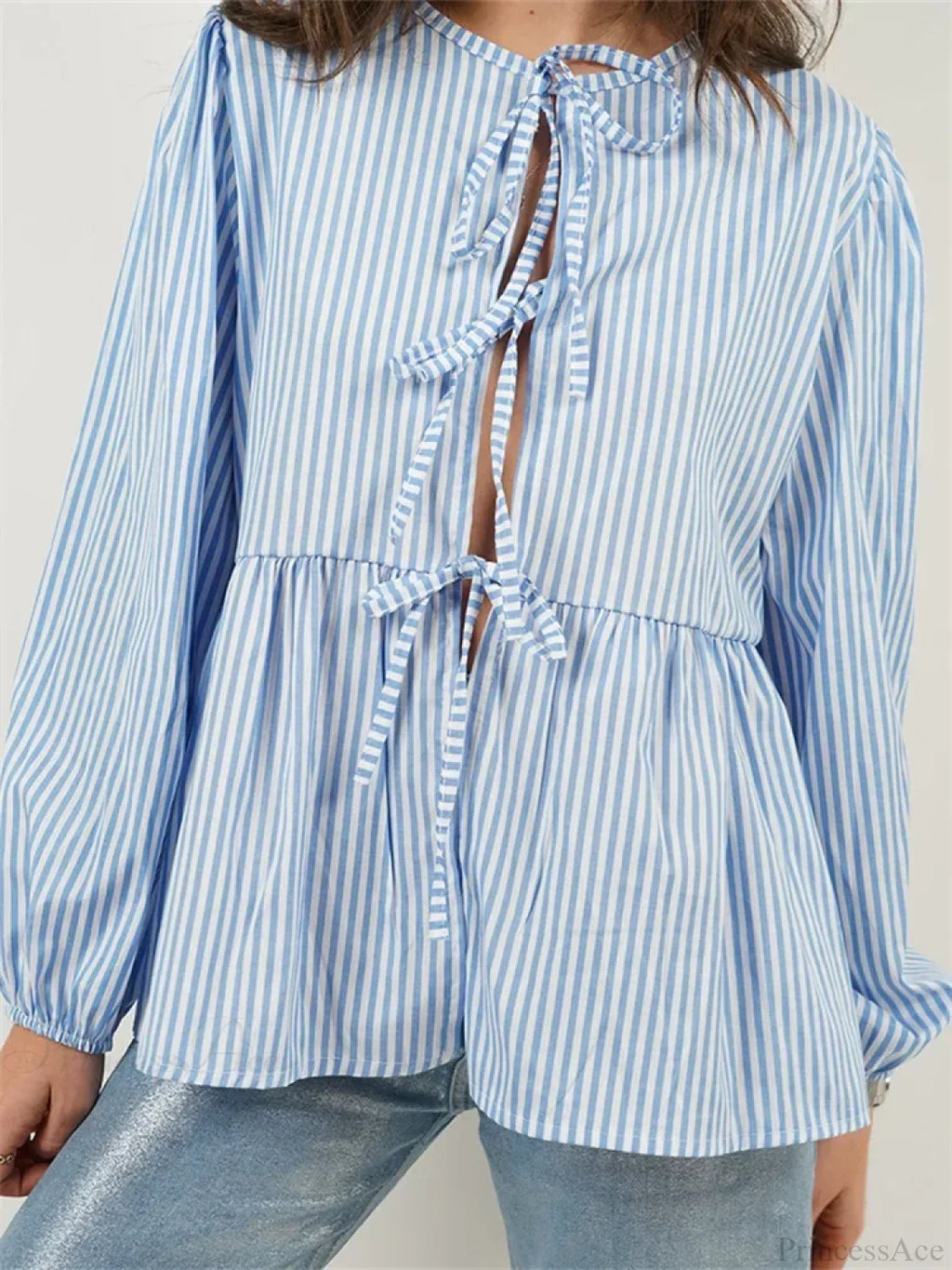 Plaid Stripe Front Tie-up Long Sleeve Blouse image 5