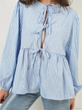 Plaid Stripe Front Tie-up Long Sleeve Blouse image 5