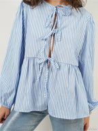 Plaid Stripe Front Tie-up Long Sleeve Blouse image 5