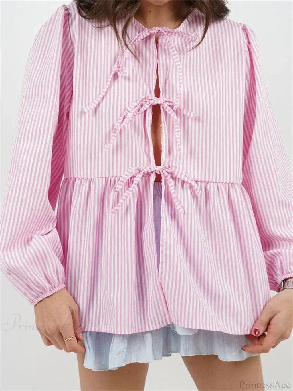 Plaid Stripe Front Tie-up Long Sleeve Blouse image 10