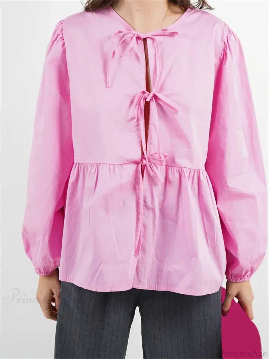 Plaid Stripe Front Tie-up Long Sleeve Blouse image 8