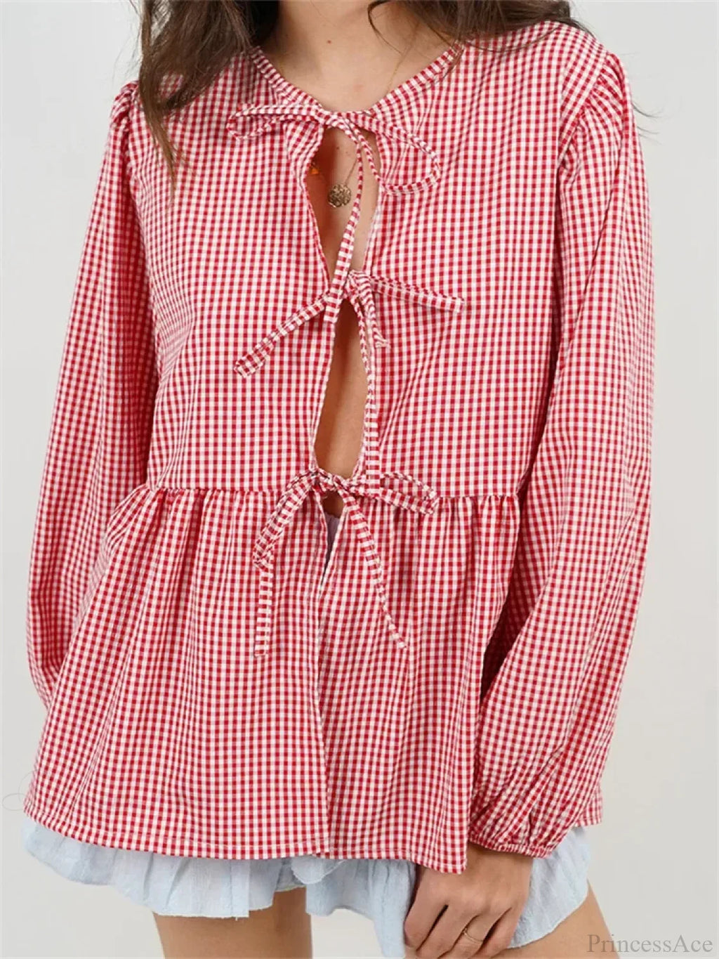 Plaid Stripe Front Tie-up Long Sleeve Blouse image 2