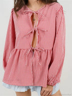 Plaid Stripe Front Tie-up Long Sleeve Blouse image 2