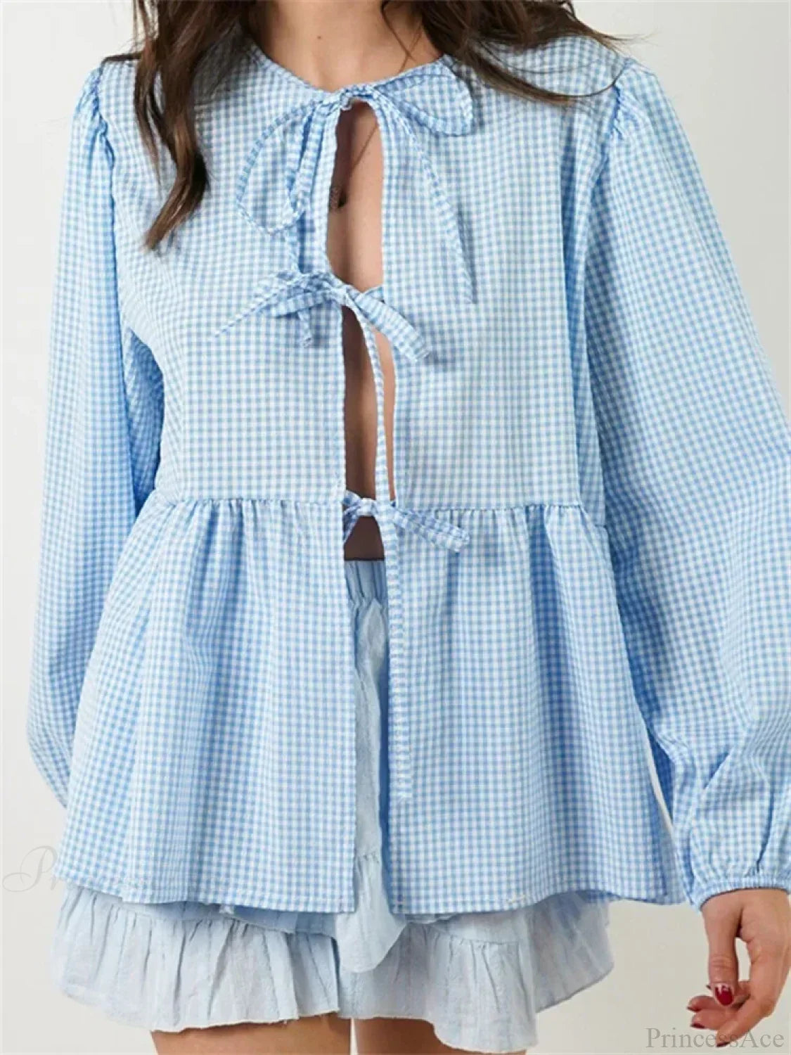 Plaid Stripe Front Tie-up Long Sleeve Blouse image 7