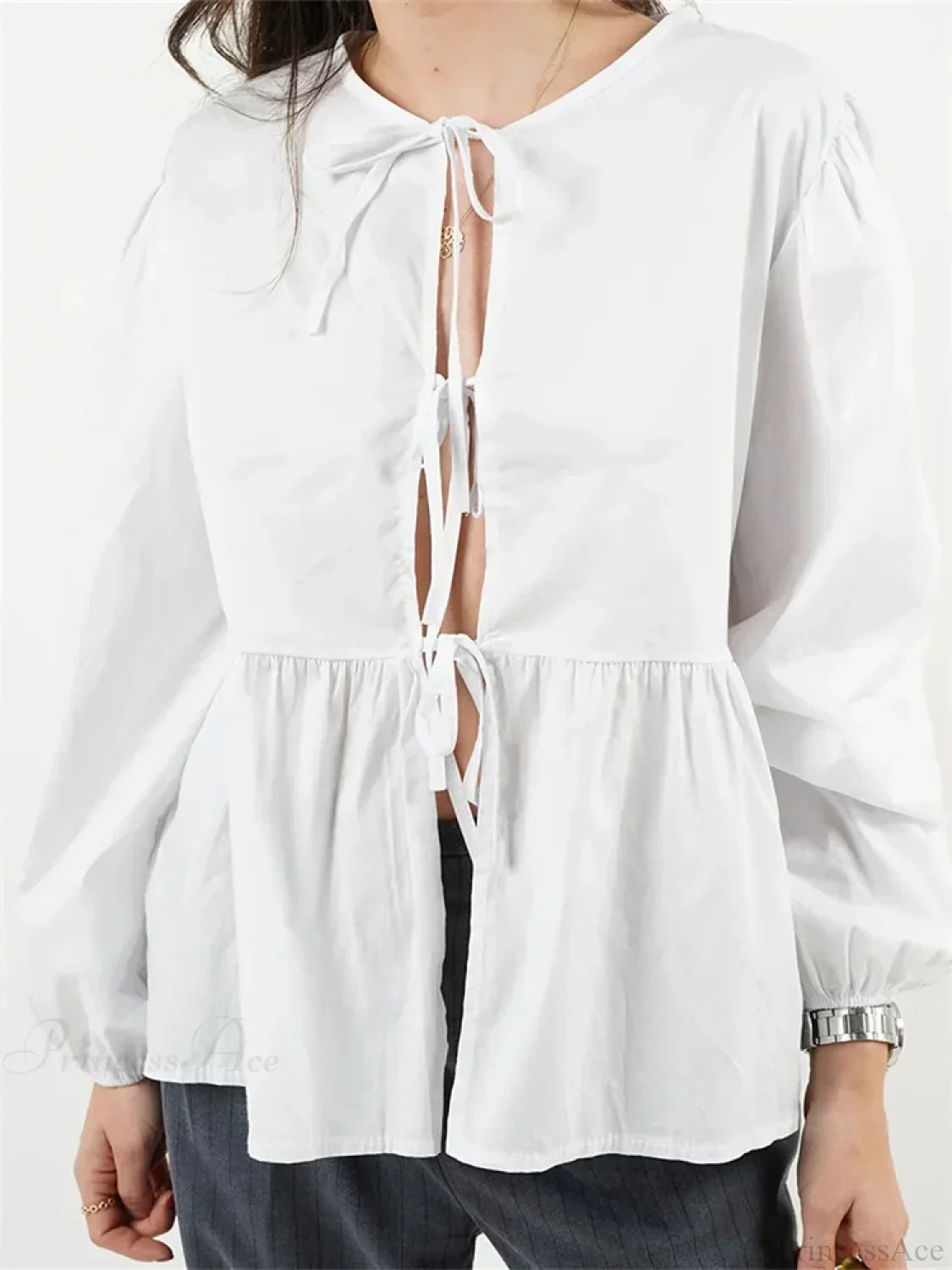 Plaid Stripe Front Tie-up Long Sleeve Blouse image 9
