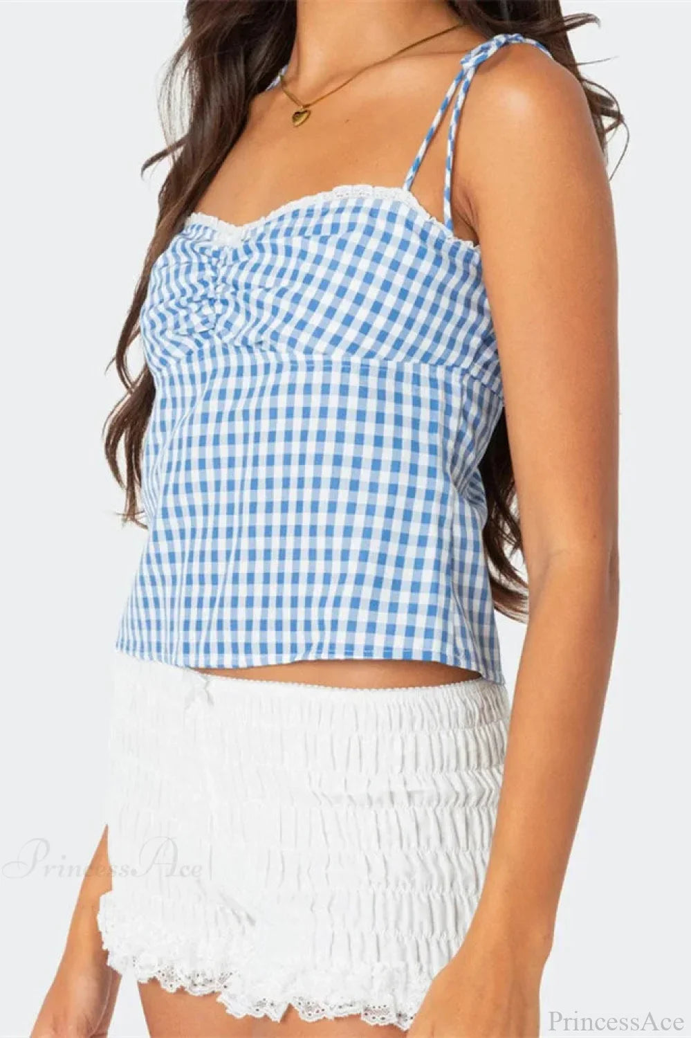 Plaid Tie-up Backless Ruched V-neck Crop Top image 2