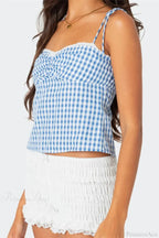 Plaid Tie-up Backless Ruched V-neck Crop Top image 2